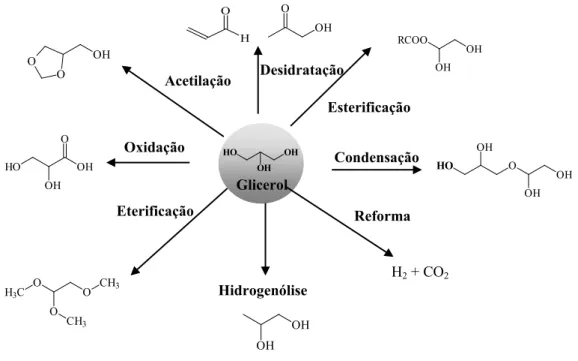 Figura 2.3–  Destaque de algumas reações que o glicerol pode ser submetido para produção  intermediários químicos