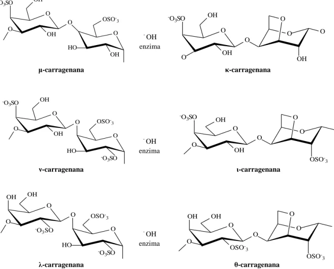 Figura 3 – Estruturas químicas de unidades diméricas de carragenanas comerciais. 