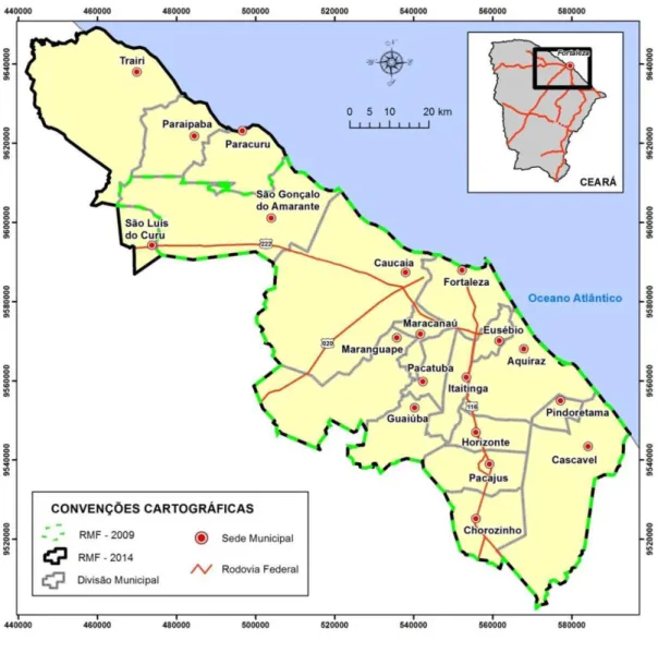 Figura  02   –  Mapa  de  localização  da  Região  Metropolitana  de  Fortaleza  utilizada  neste trabalho (tracejado verde) em comparação com a atual configuração da RMF