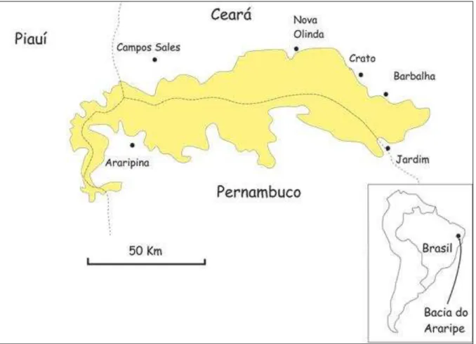 Figura 2  –  Mapa de localização da Bacia do Araripe com suas principais localidades e limites  territoriais indicadas