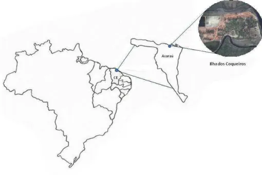 Figura  01  –   Mapa  delimitando  a  região  Nordeste  do  Brasil,  o  Estado  do  Ceará,  o  município de Acaraú e a comunidade de Ilha dos Coqueiros
