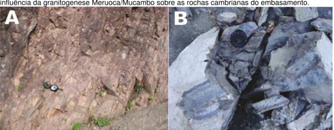 Figura 5.7 - Aspecto da foliação no metassiltito (A) e detalhe do silexito (B), ambos resultantes da  influência da granitogenese Meruoca/Mucambo sobre as rochas cambrianas do embasamento