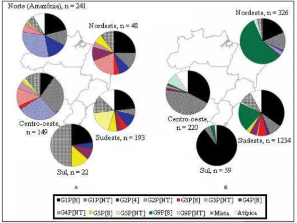 FIGURA  9: Distribuição  dos  genótipos  de  Rotavírus  A  no  Brasil  por  região  geográfica  (Adaptada de Leite et al., 2008)