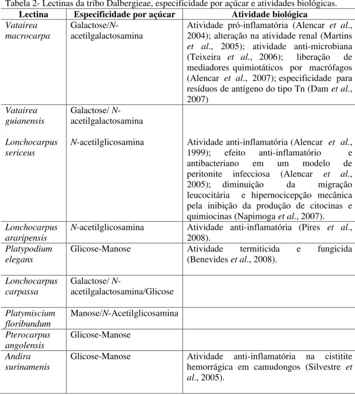 Tabela 2- Lectinas da tribo Dalbergieae, especificidade por açúcar e atividades biológicas