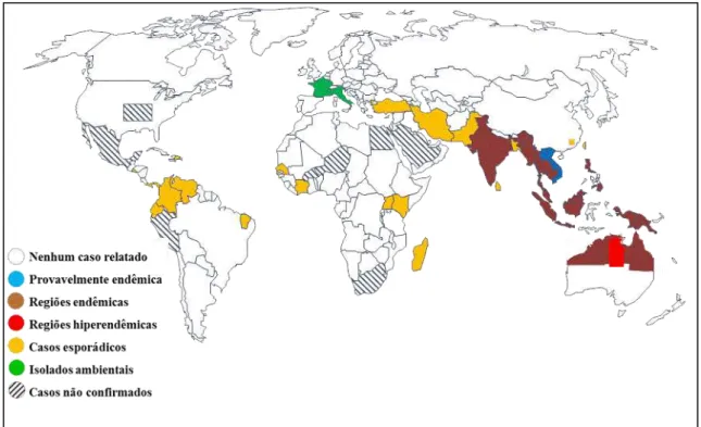 Figura 3. Distribuição mundial de melioidose e isolamentos ambientais de  B. pseudomallei 