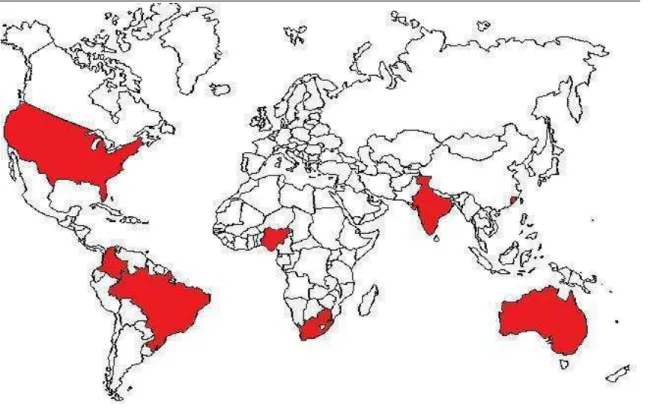 Fig 04: Países onde há relatos de infecção ocasionados por Chromobacterium violaceum (destacados em  vermelho)