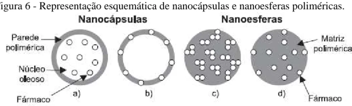 Figura 6 - Representação esquemática de nanocápsulas e nanoesferas poliméricas. 