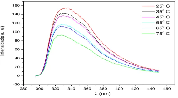 FIGURA 8: Efeito da temperatura na estrutura secundária da lectina de  Bryothamnion triquetrum  por fluorescência