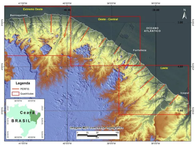 Figura 17 – Imagem SRTM com realce topográfico de 250 metros e localização dos perfis realizados