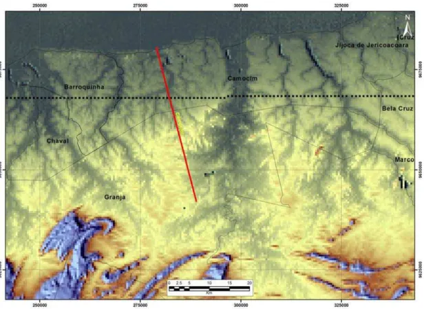Figura 18 – Imagem SRTM com realce de 250 metros da topografia da área abrangida pelo Perfil 1