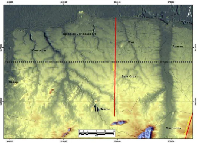 Figura 21 – Imagem SRTM com realce de 250 metros da topografia da área abrangida pelo Perfil 2