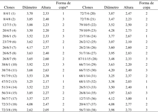 Tabela 1. Médias dos diâmetros de copa, altura de planta e forma de copa de 36 plantas de aceroleira