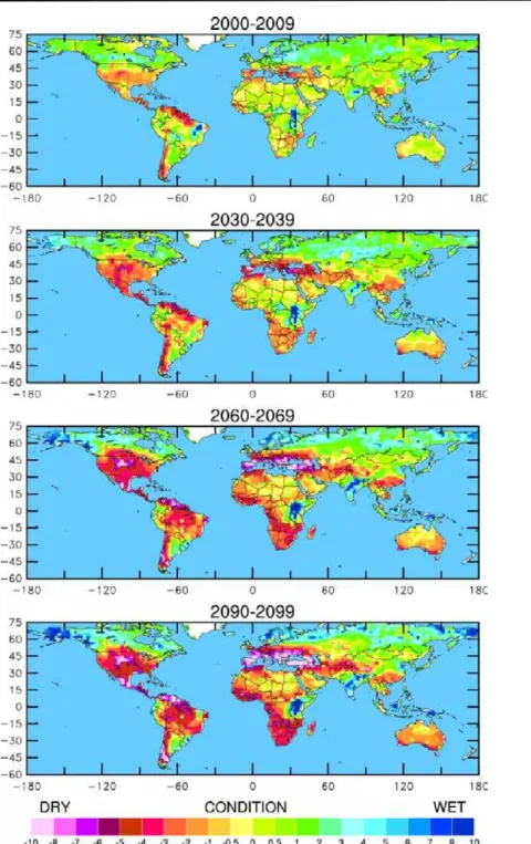 Figura 4. Mapas que mostram a previsão de seca global para os próximos cem anos. 