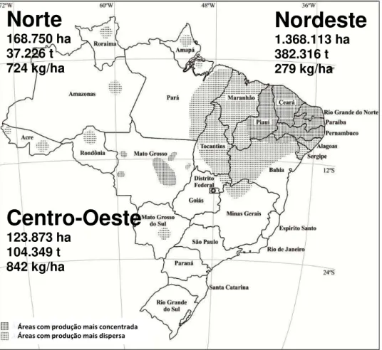 Figura  1  –   Dados  agronômicos a   e  mapa  da  produção  de  grãos  de  feijão-caupi  em  diferentes  regiões  brasileiras  no  ano  de  2009:  área  cultivada  (ha),  produção  (t),  produtividade (kg/ha)