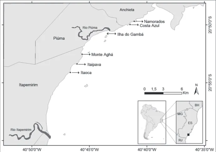 Figure 1 - Partial view of the Benevente Bay, Espírito Santo State, with its six sampling points (adapted from Pinheiro et al., 2009).
