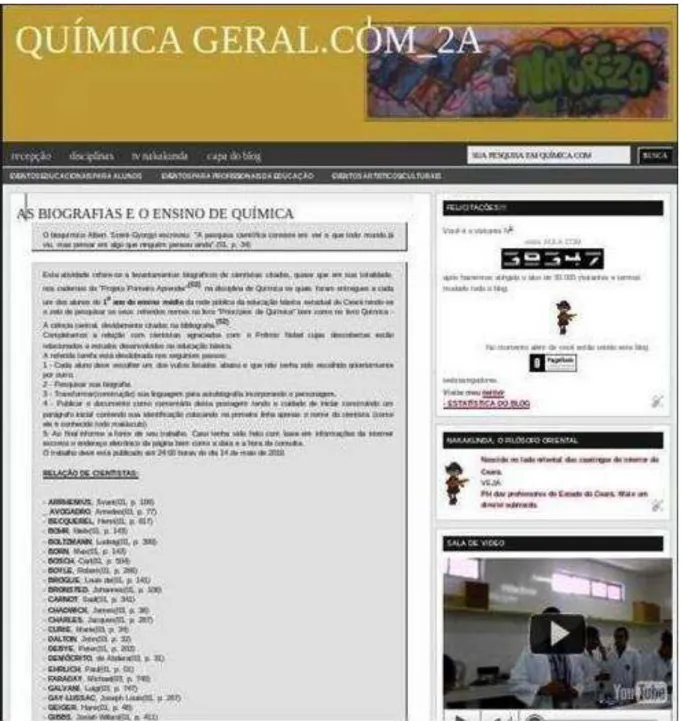 Figura 05  –  Captura de  tela do Blog construído  para uma das turmas, 2ºA, na fase  I com  a  postagem “As Biografias e o Ensino de Química”