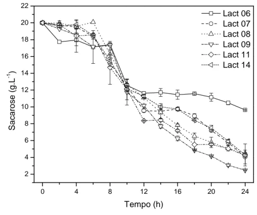 Figura 9 - Perfil do consumo de sacarose (g.L -1 ) ao longo do crescimento das culturas de BAL.