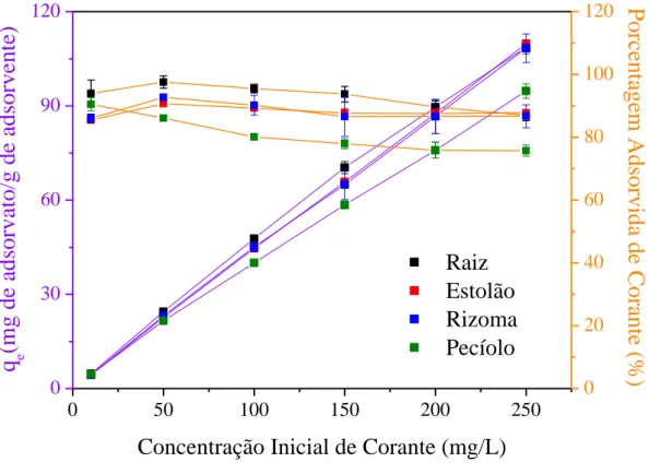 Figura 21  –  Influência da concentração do corante azul de metileno com biomassa de aguapé  como adsorvente (concentração de adsorvente: 2 g/L; tamanho de partícula: 60 mesh; tempo  de contato: 24 h; pH 6,5-7,0; 25°C)