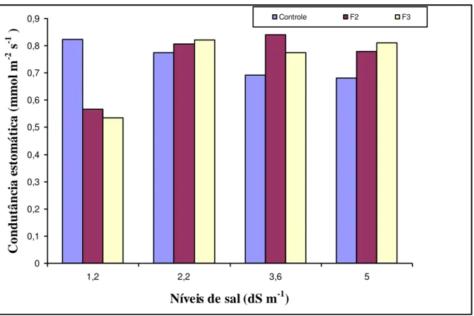 Figura 5  –  Condutância estomática do feijão-de-corda aos 20 dias após o plantio em função da  salinidade da água de irrigação e diferentes inoculações  