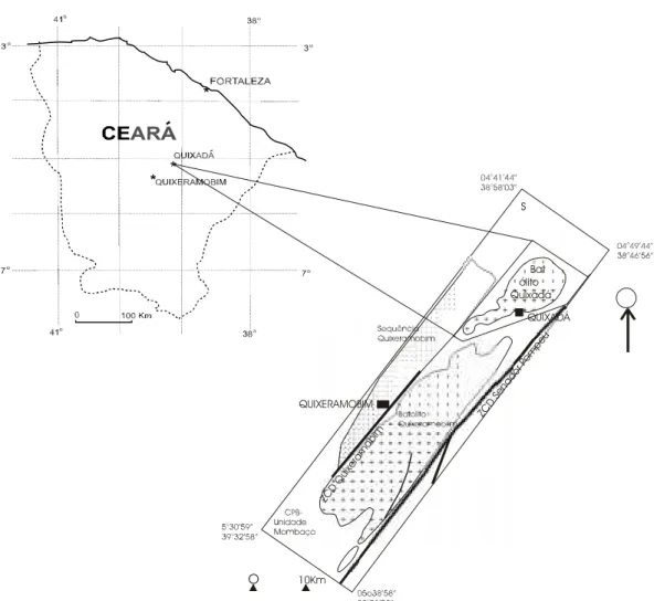 Figura 1 – Situação geográfica e mapa geológico esquemático do batólito Quixadá, exibindo sua relação como o batólito Quixeramobim.