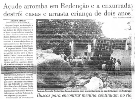 FIGURA 3: Recorte de jornal do caso do Açude Gurguri no Município de Redenção (O Povo, abril/1996).