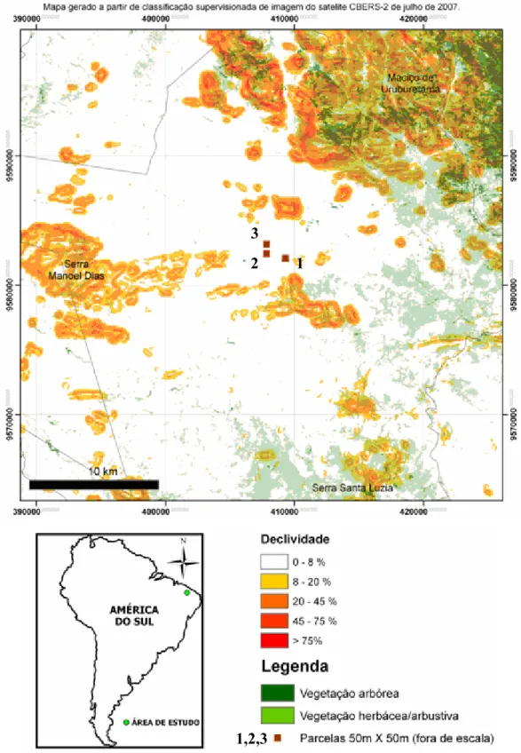 Figura 3 – Localização das parcelas experimento e controle e mapa de cobertura vegetal da  área, município de Irauçuba, CE