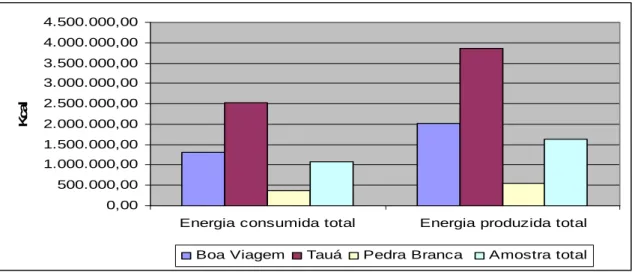 FIGURA  6  –  Energia  consumida  e  produzida  total  (kcal)  nos  municípios  selecionados,  Ceará/2006