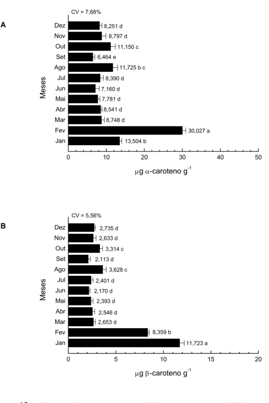 Figura 10.  Teores de  α -caroteno (A) e  β -caroteno (B) em Caulerpa  sertularioides “in natura”, coletada na Praia do Pacheco, de janeiro  a dezembro de 2006