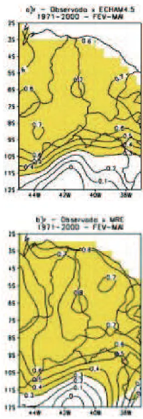 Figura  3:  Coeiciente  de  correlação  entre  a  precipitação  observada e simulada (1971-2000) para o setor norte do NEB