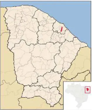 Figura 05: Mapa do Ceará (figura maior) com destaque do município de Itaitinga (em vermelho) e mapa  do Brasil (figura menor) com destaque do estado do Ceará (em vermelho circundado em quadrado)  Fonte: https://pt.wikipedia.org 