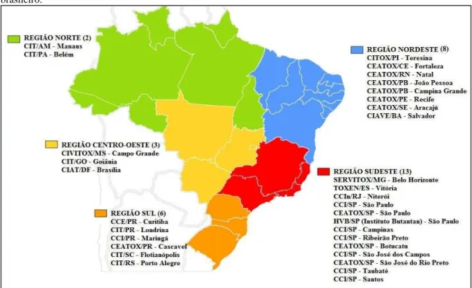 Figura  1  –   Distribuição  dos  Centros  de  Informação  e  Assistência  Toxicológica  no  território  brasileiro.
