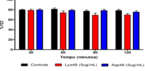GRÁFICO 7.0  -  Efeitos no percentual de transporte tubular de cloreto (%TCl - )  na ausência  (controle)  e  presença  das  frações  Lys  49  (5  g/mL)  e  Asp  49  (5  g/mL)  do  veneno  de  Bothropoides erythromela s 