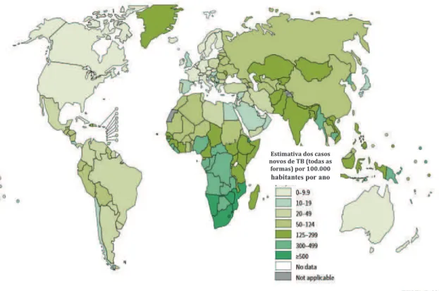 FIGURA  1.  Incidência  estimada  de  TB  por  100.000  habitantes,  em  2014.  Adaptado  do  “Global  tuberculosis  report ” , 2014