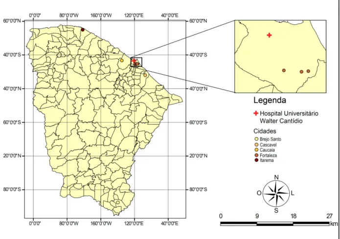 Figura 3  –  Mapa com representação das procedências dos pacientes  