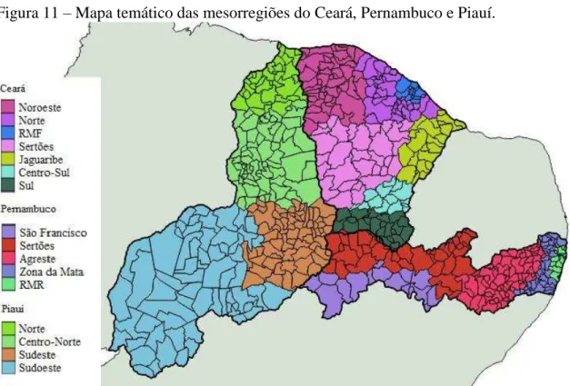 Figura 11  –  Mapa temático das mesorregiões do Ceará, Pernambuco e Piauí. 