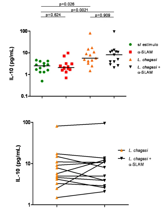 FIGURA 5. Efeito de SLAM sobre a produção de IL- 10 induzida por L. chagasi. Células mononucleares de  sangue periférico (1,5x10 6   cels/poço) de indivíduos baixos produtores (BP) estimuladas com promastigotas  vivas de L