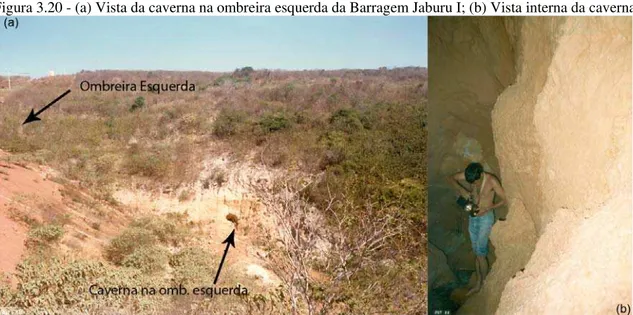 Figura 3.20 - (a) Vista da caverna na ombreira esquerda da Barragem Jaburu I; (b) Vista interna da caverna 