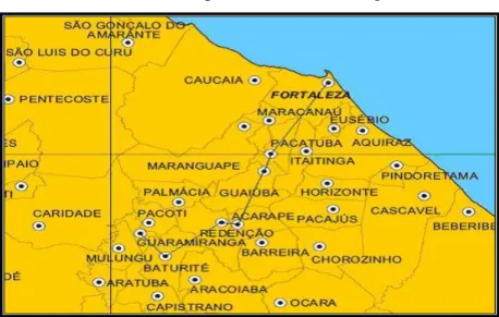 Figura  7  –  O  acesso  para  Guaramiranga  é  feito  saindo  de  Fortaleza  através da CE-060, passando-se  aí por  cidades que compõem  a subzona  de transição do litoral 