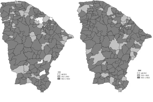 Figura 1.   Faixas  de  cobertura  populacional  do  Programa  Saúde  da  Família  em  municípios do Ceará