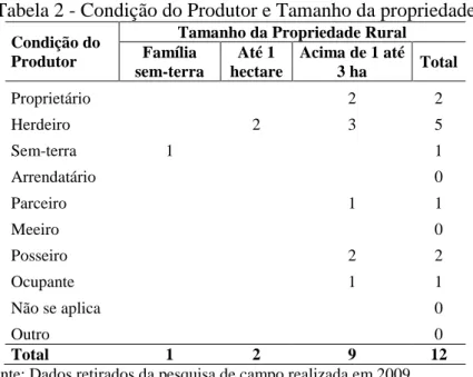 Tabela 2 - Condição do Produtor e Tamanho da propriedade 