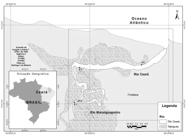 Figura 2 -  Mapa das estações 1, 2, 3 e 4 do estuário do rio Ceará  