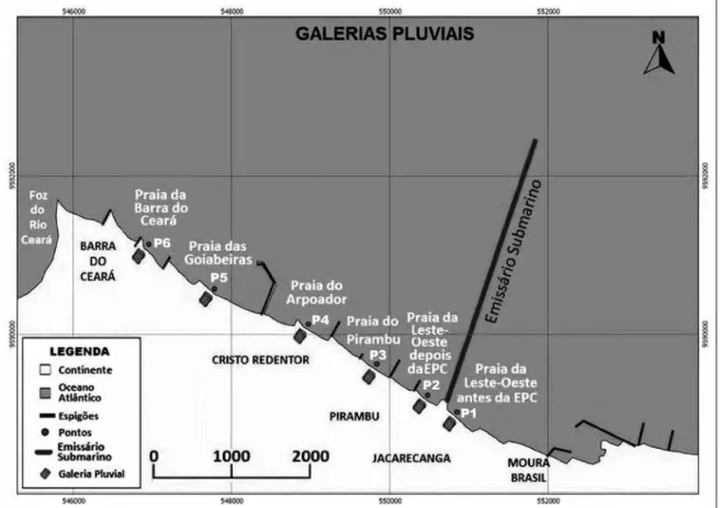 Figura  4 -  Mapa da região costeira  de  Fortaleza, destacando-se as galerias pluviais responsáveis pela descarga de esgoto  nas praias do litoral oeste de Fortaleza..