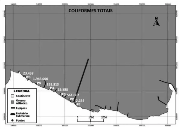 Figura 6 - Distribuição  das  médias de coliformes termotolerantes (NMP/100mL)  na água nos seis pontos de  praia localizados no litoral oeste de Fortaleza.