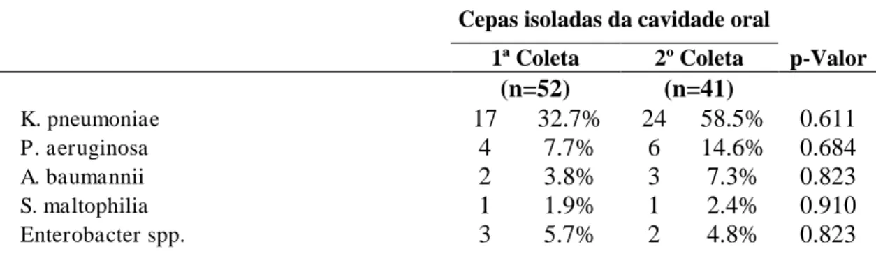 Tabela  2:  distribuição  das  cepas  isoladas  da  cavidade  oral  dos  pacientes  em  dois  momentos distintos: 1º Coleta (nas primeiras 24 horas de ventilação mecânica) 2º Coleta  (72 horas após a primeira coleta)