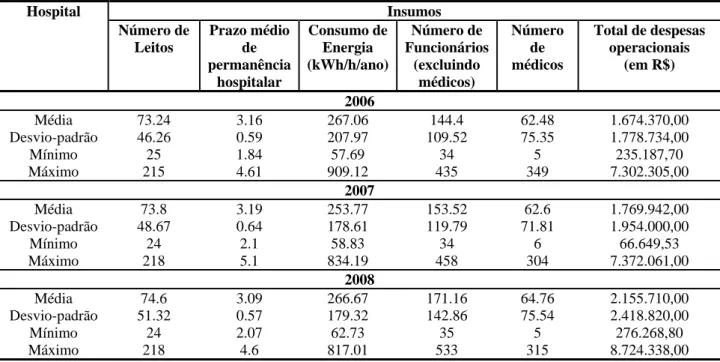 Tabela 2: Estatísticas descritivas dos insumos, 2006 a 2008. 
