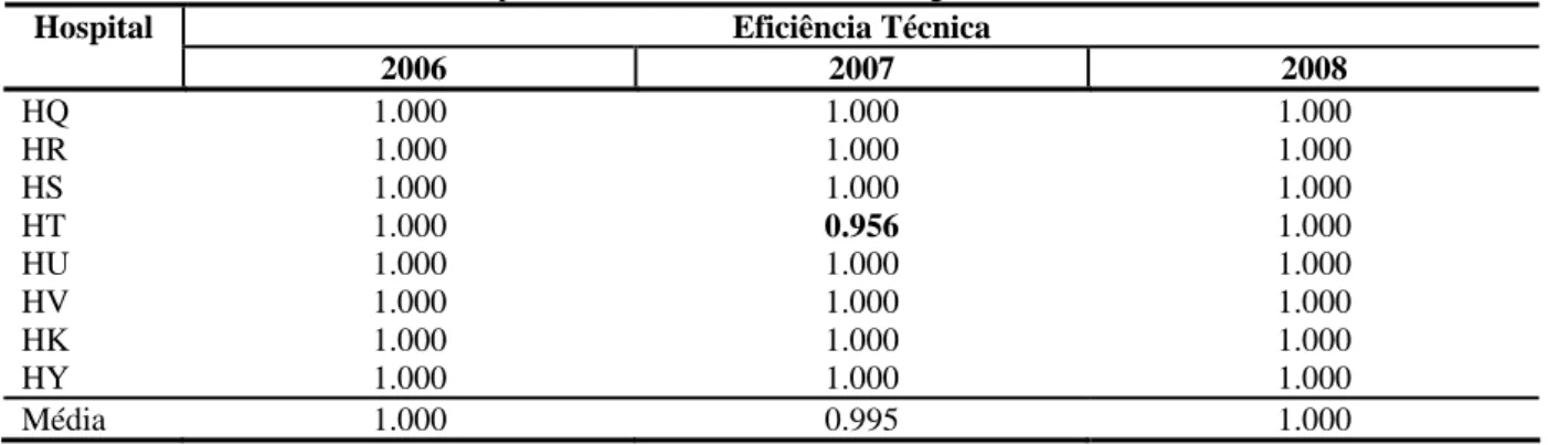 Tabela 7: Eficiência técnica dos hospitais da SBSC localizados na região Sudeste do Brasil  Eficiência Técnica Hospital   2006  2007  2008  HQ 1.000  1.000  1.000  HR 1.000  1.000  1.000  HS 1.000  1.000  1.000  HT 1.000  0.956  1.000  HU 1.000  1.000  1.0