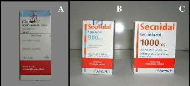 Figura  15  -  Medicamentos  do  estudo:  A  –  Teste  (Mentha  crispa);  B  –  Controle  positivo (Secnidazol suspensão); C – Controle positivo (Secnidazol comprimido)