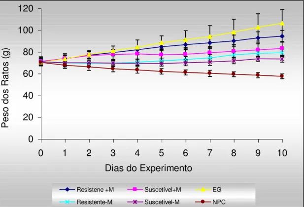 FIGURA 7. Curvas de crescimento dos ratos (n = 6) alimentados com dietas à  base  de  farinha  de  sementes  de  feijão  caupi,  genótipos  BR9  Longá  e  IT81D  1053,  suscetível  e  resistente  ao  Callosobruchus