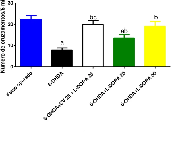 Figura 22 - Efeitos do extrato padronizado do CV (25 mg/kg) associado com L-DOPA  (25 mg/kg) e da L-DOPA sozinha (nas doses 25 e 50 mg/kg) na atividade locomotora 