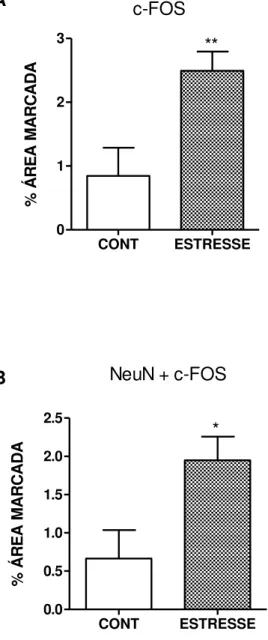 Figura 17  –  Quantificação da percentagem a área marcada (pixels) da imunoexpressão de c- c-Fos no gânglio trigeminal de ratos submetidos ao estresse emocional 